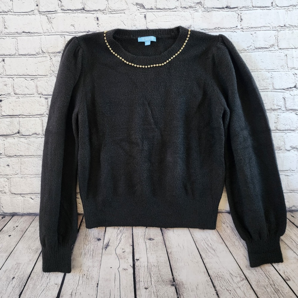 Draper James RSVP Black Rhinestone Neckline Puff Sleeve Sweater KD3138SWR Large